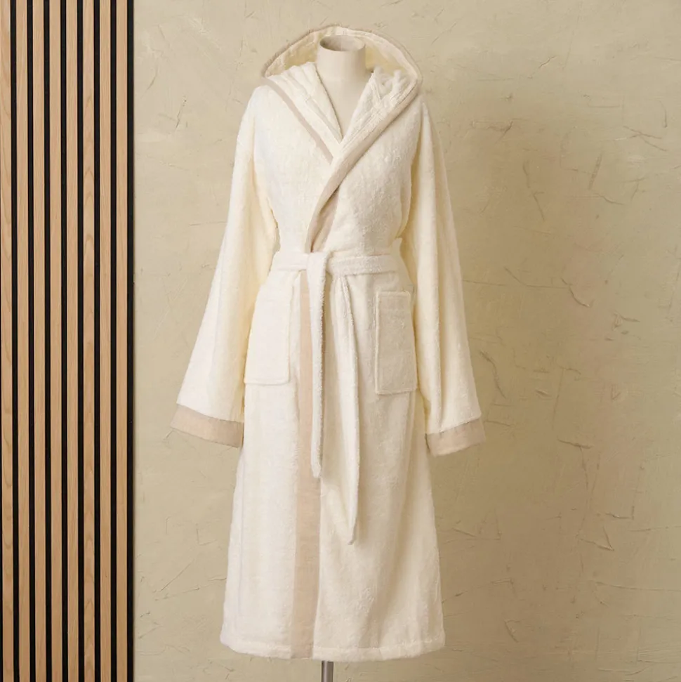 Accappatoio con Cappuccio in Spugna di Cotone e Balza in Lino - Mellow