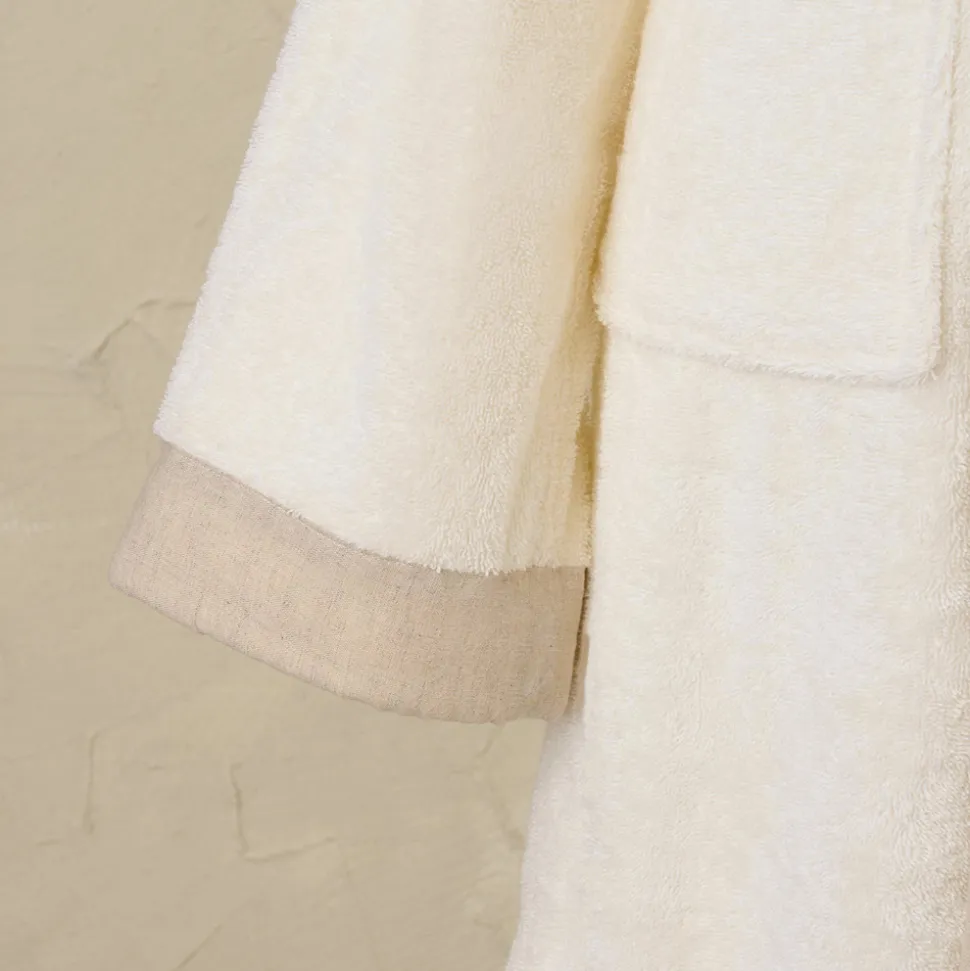 Accappatoio con Cappuccio in Spugna di Cotone e Balza in Lino - Mellow