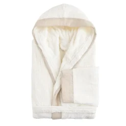 Accappatoio con Cappuccio in Spugna di Cotone e Balza in Lino - Mellow