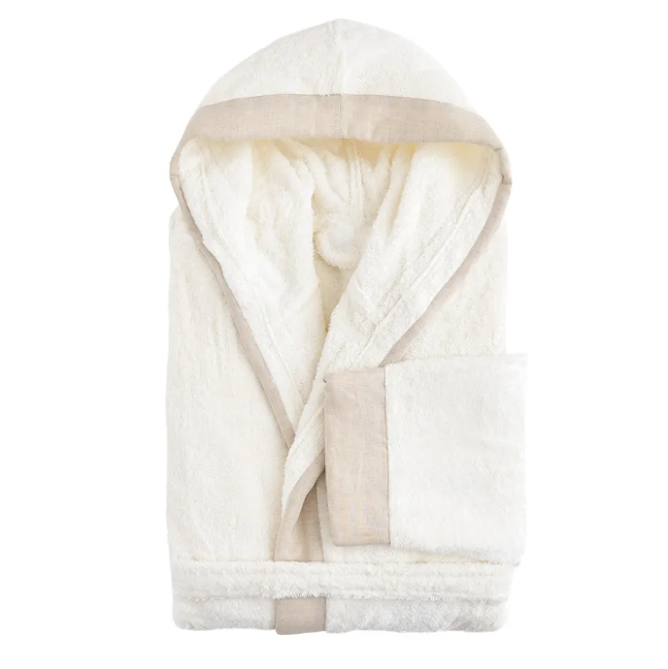 Accappatoio con Cappuccio in Spugna di Cotone e Balza in Lino - Mellow