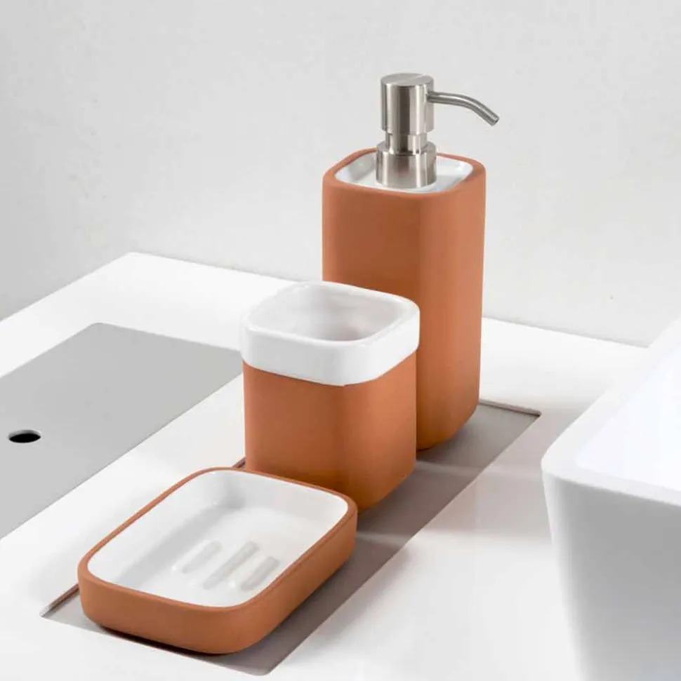 Accessori Bagno da Appoggio in Terracotta e Ceramica Bianca - Terracotta