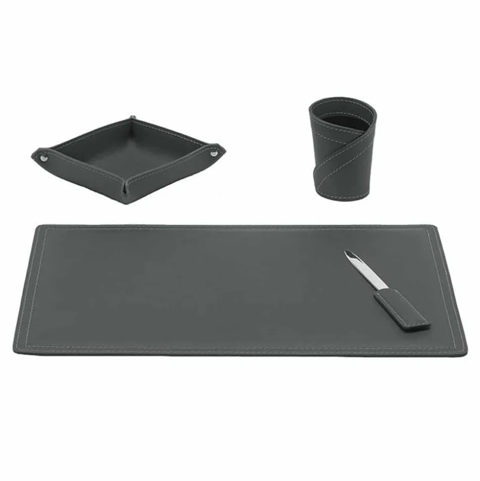 Accessori Scrivania in Cuoio Rigenerato, 4 Pezzi, Made in Italy - Ascanio