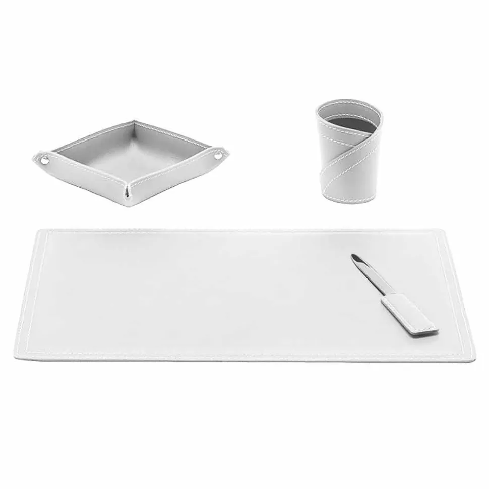 Accessori Scrivania in Cuoio Rigenerato, 4 Pezzi, Made in Italy - Ascanio