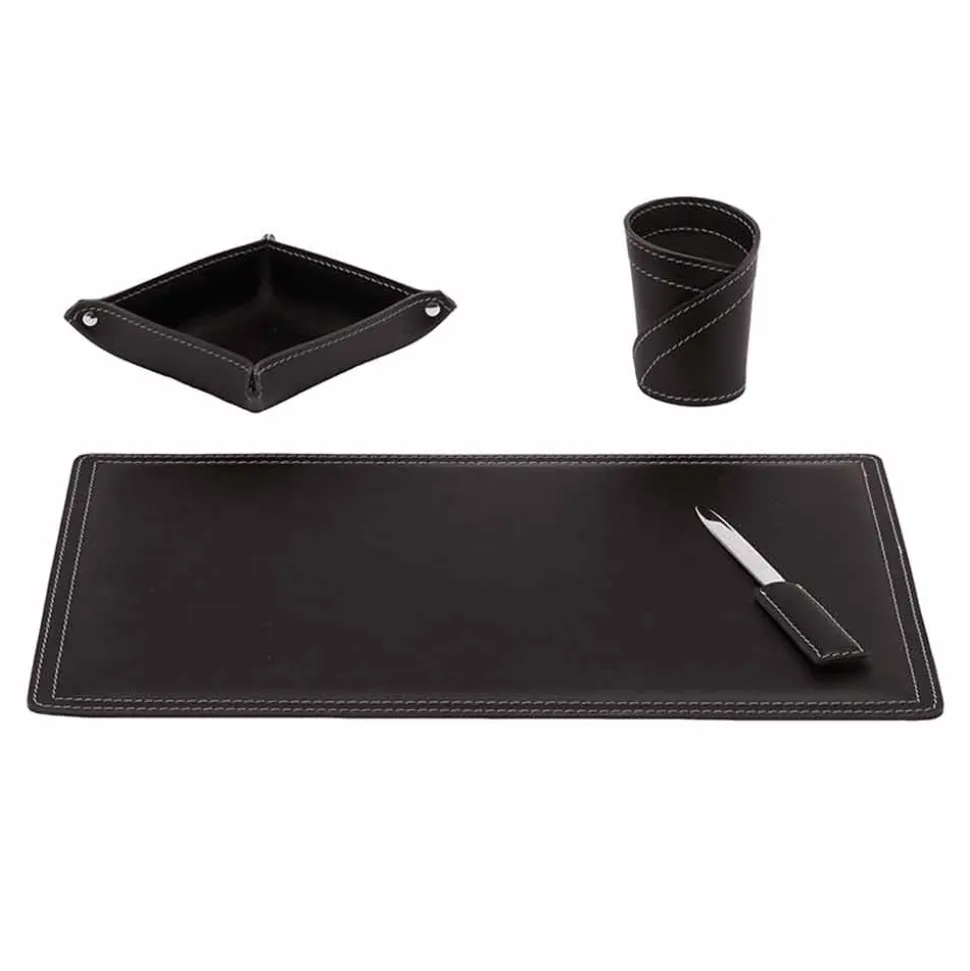 Accessori Scrivania in Cuoio Rigenerato, 4 Pezzi, Made in Italy - Ascanio