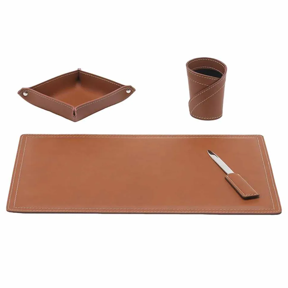 Accessori Scrivania in Cuoio Rigenerato, 4 Pezzi, Made in Italy - Ascanio