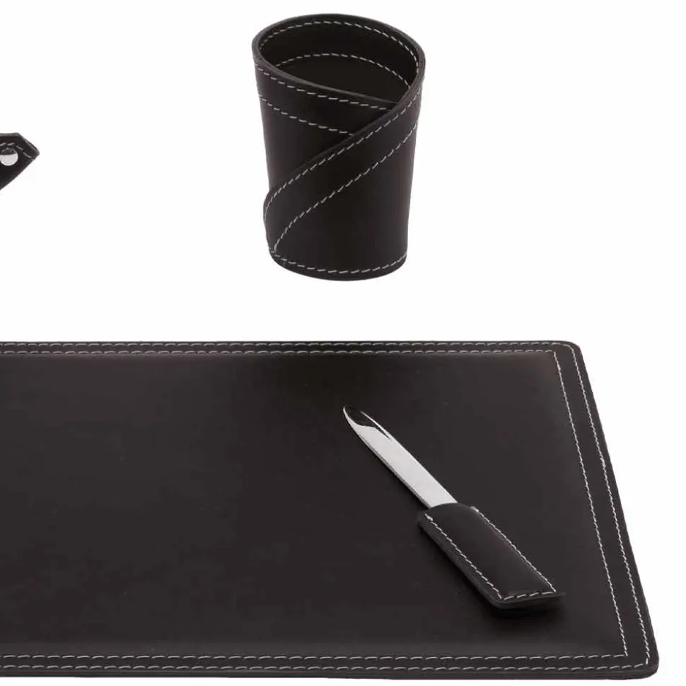 Accessori Scrivania in Cuoio Rigenerato, 4 Pezzi, Made in Italy - Ascanio