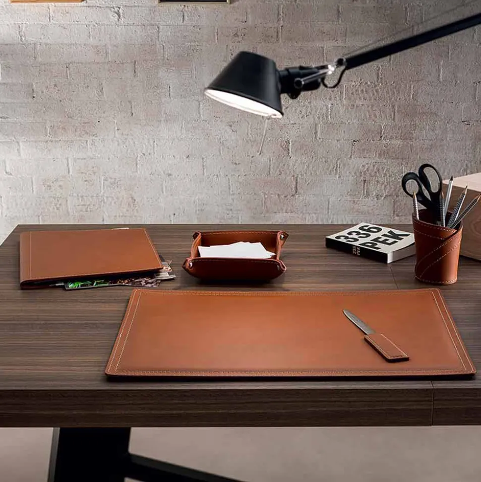 Accessori Scrivania Ufficio in Cuoio Rigenerato, 5 pz, Made in Italy - Ascanio