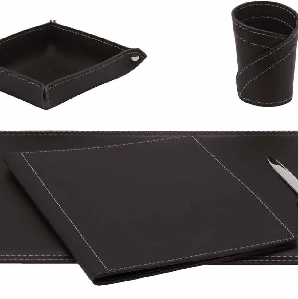 Accessori Scrivania Ufficio in Cuoio Rigenerato, 5 pz, Made in Italy - Ascanio