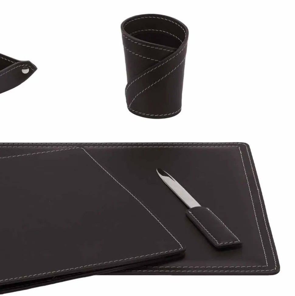 Accessori Scrivania Ufficio in Cuoio Rigenerato, 5 pz, Made in Italy - Ascanio