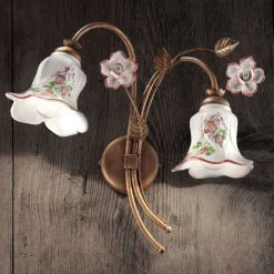 Applique a 2 Luci in Metallo e Ceramica Decorata a Mano con Rosa - Pisa