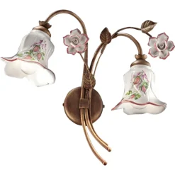 Applique a 2 Luci in Metallo e Ceramica Decorata a Mano con Rosa - Pisa
