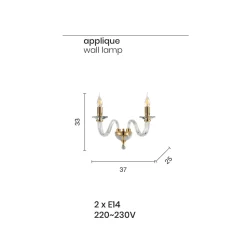 Applique Classica 2 Luci Vetro Italiano Lavorato a Mano e Metallo - Rapallo