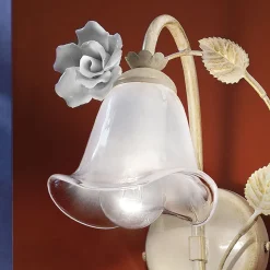 Applique in Ferro e Vetro Sabbiato con Rosa di Decoro in Ceramica - Siena