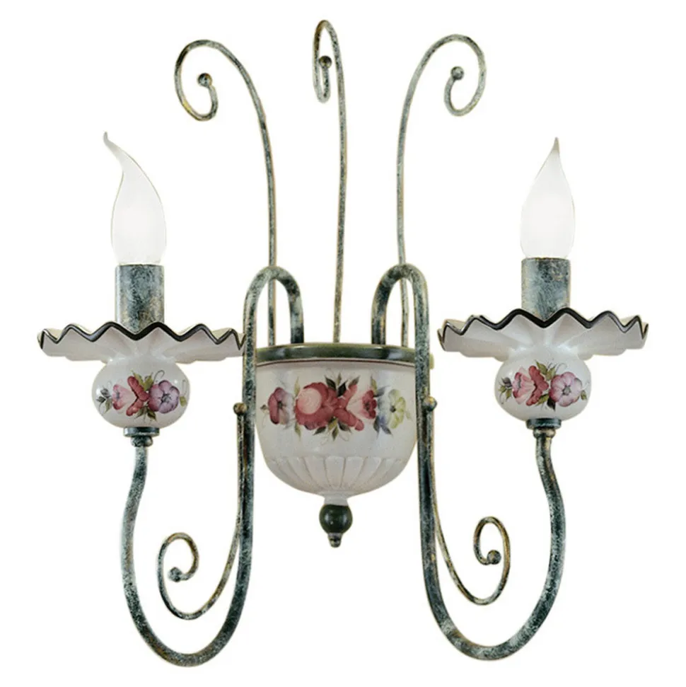 Applique 2 Luci in Ceramica Decorata a Mano e Ottone Anticato - Sanremo