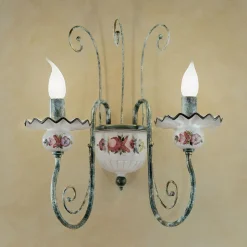 Applique 2 Luci in Ceramica Decorata a Mano e Ottone Anticato - Sanremo