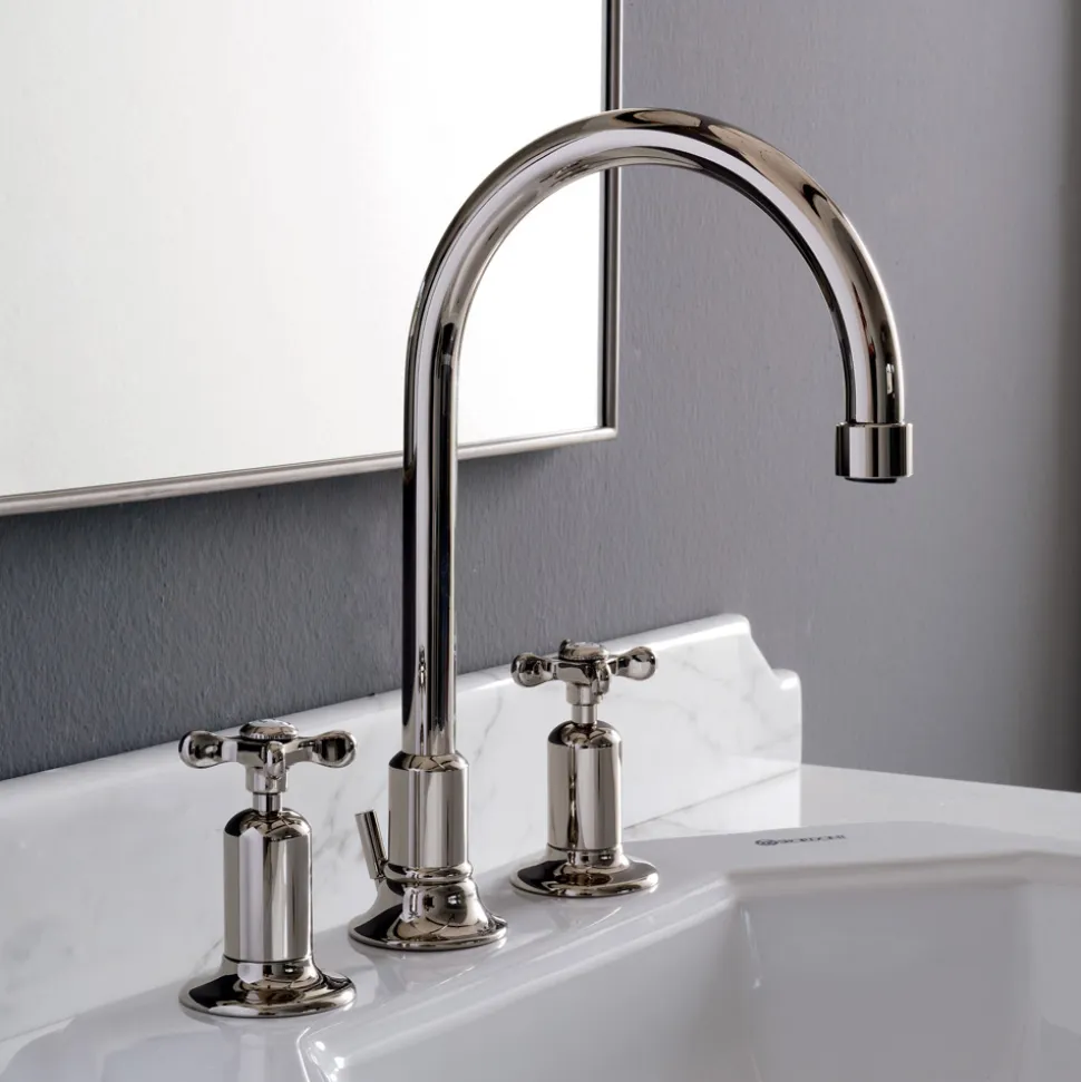 Batteria Lavabo 3 Fori Bocca Alta in Finitura Nichel Made in Italy - Red
