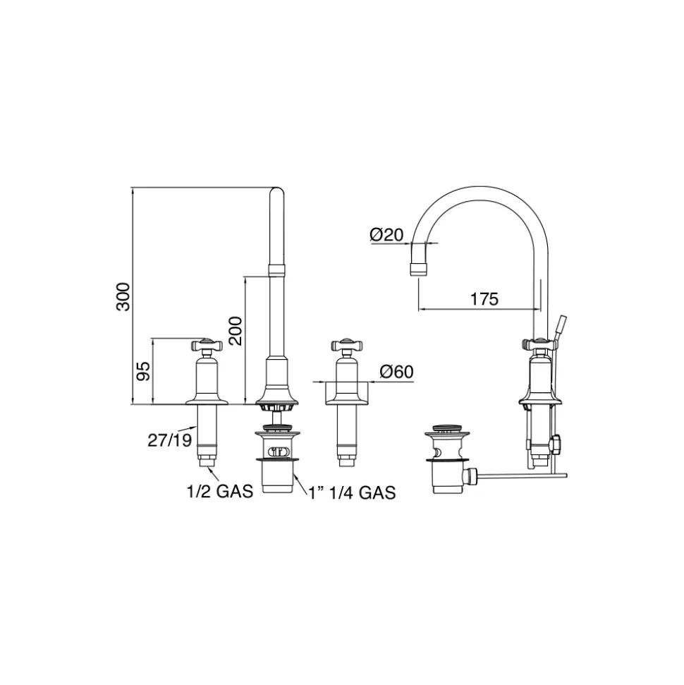 Batteria Lavabo 3 Fori Bocca Alta in Finitura Nichel Made in Italy - Red
