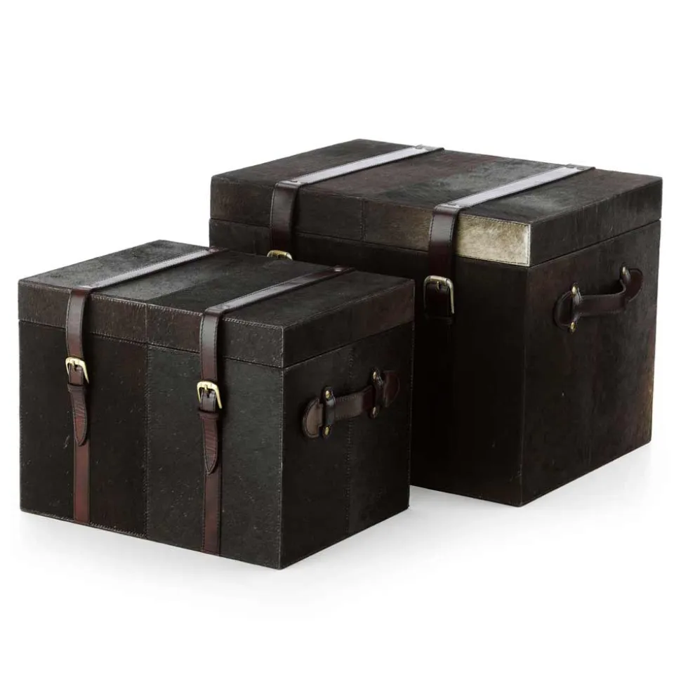 2 bauli di design in cavallino marrone scuro Ceskini, grande e piccolo