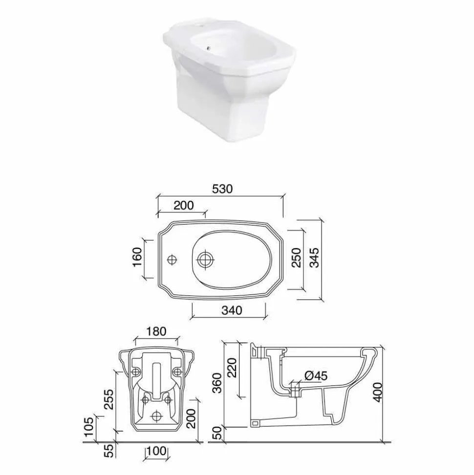 Bidet a Sospensione in Ceramica Bianca Stile Vintage, Made in Italy - Nausica