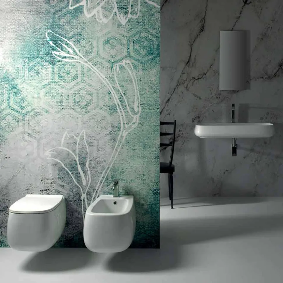 Bidet sospeso di design in ceramica bianco Gaiola, fatto in Italia