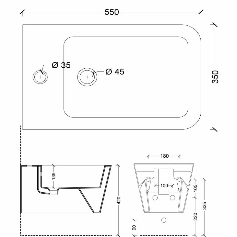Bidet sospeso in ceramica di design Sun Square 55x35cm, made in Italy