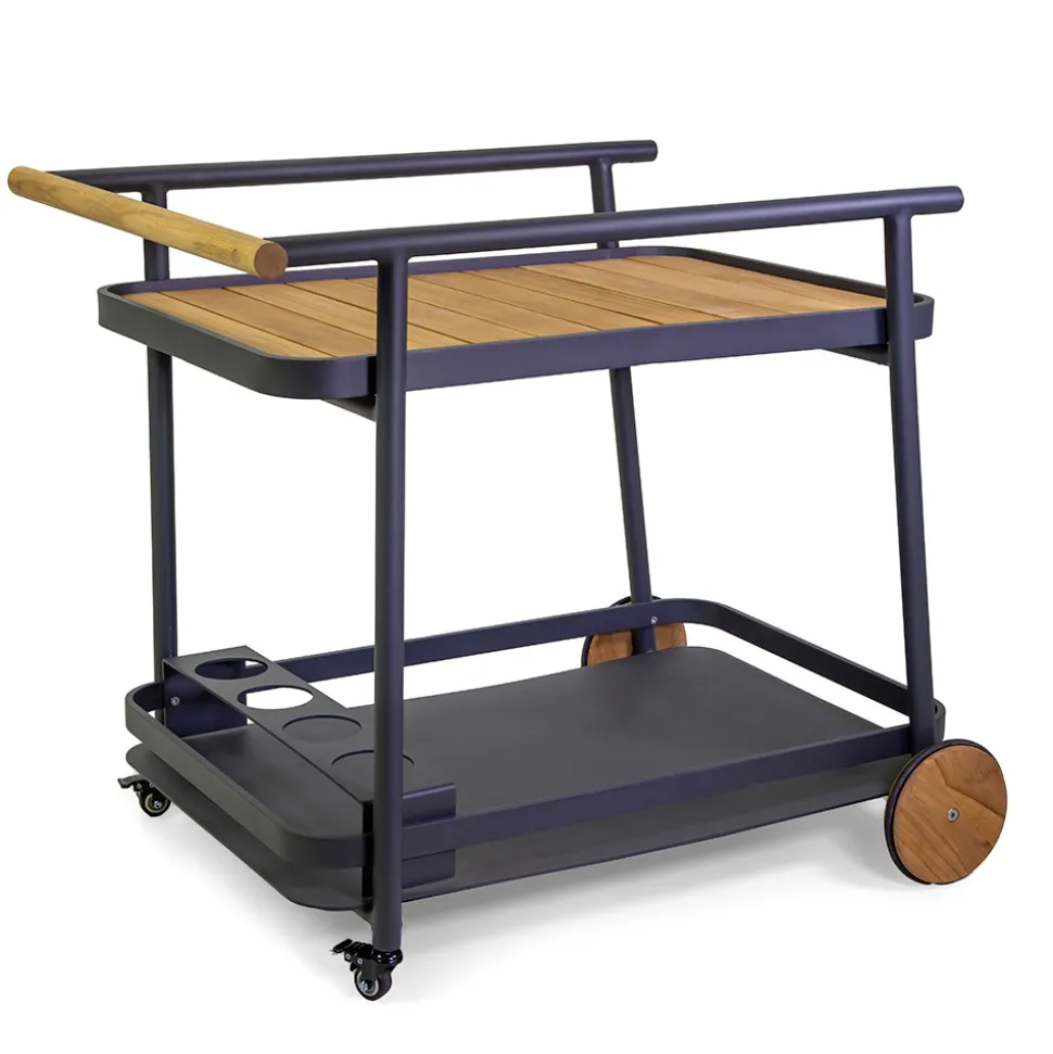 Carrello in Alluminio di Diverse Finiture con Ruote e Dettagli in Teak - Tenda