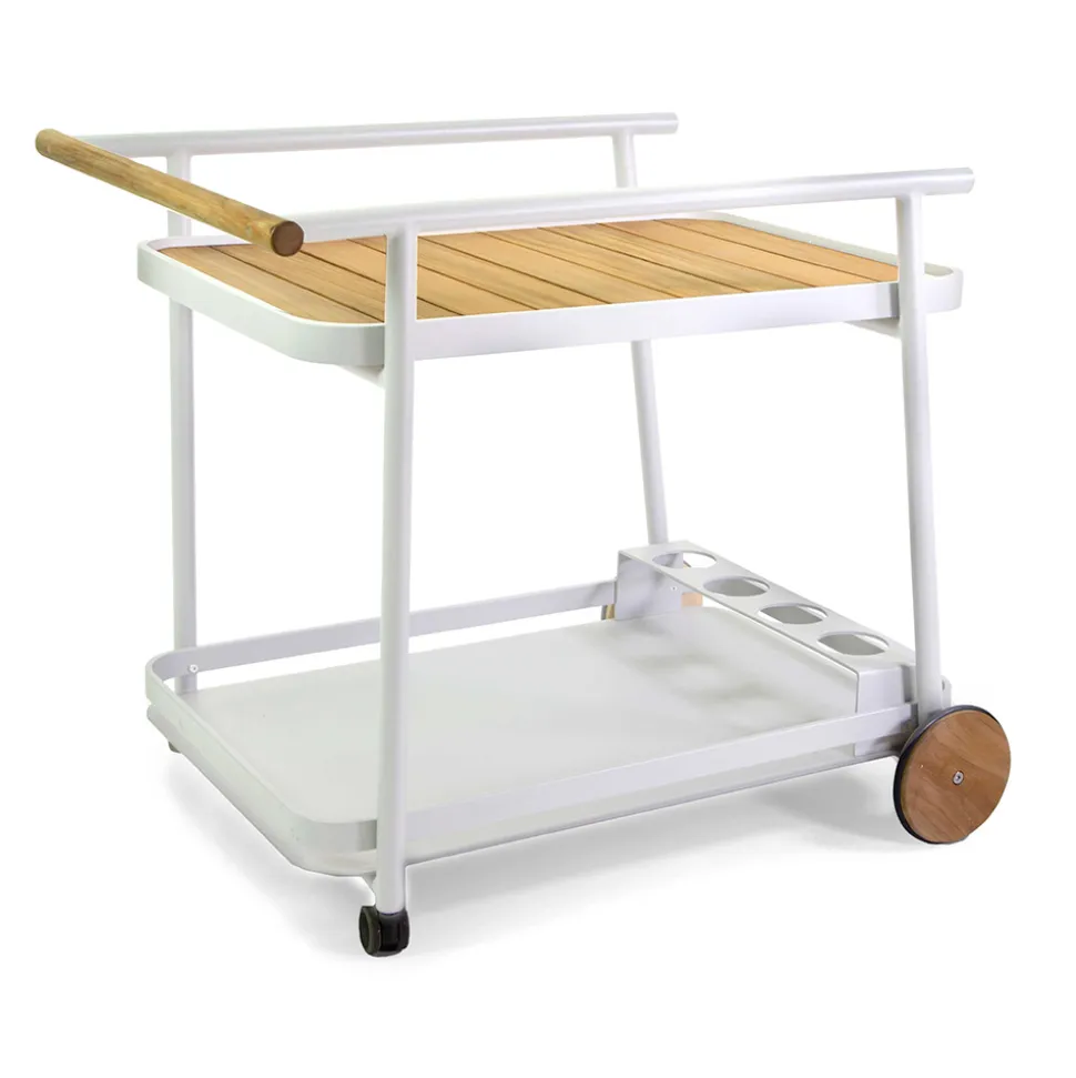 Carrello in Alluminio di Diverse Finiture con Ruote e Dettagli in Teak - Tenda