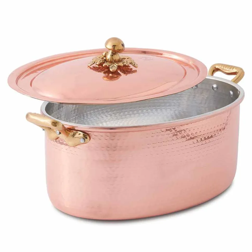 Casseruola in Rame Ovale Stagnato a Mano da Forno e Coperchio 37x26 cm - Mariag