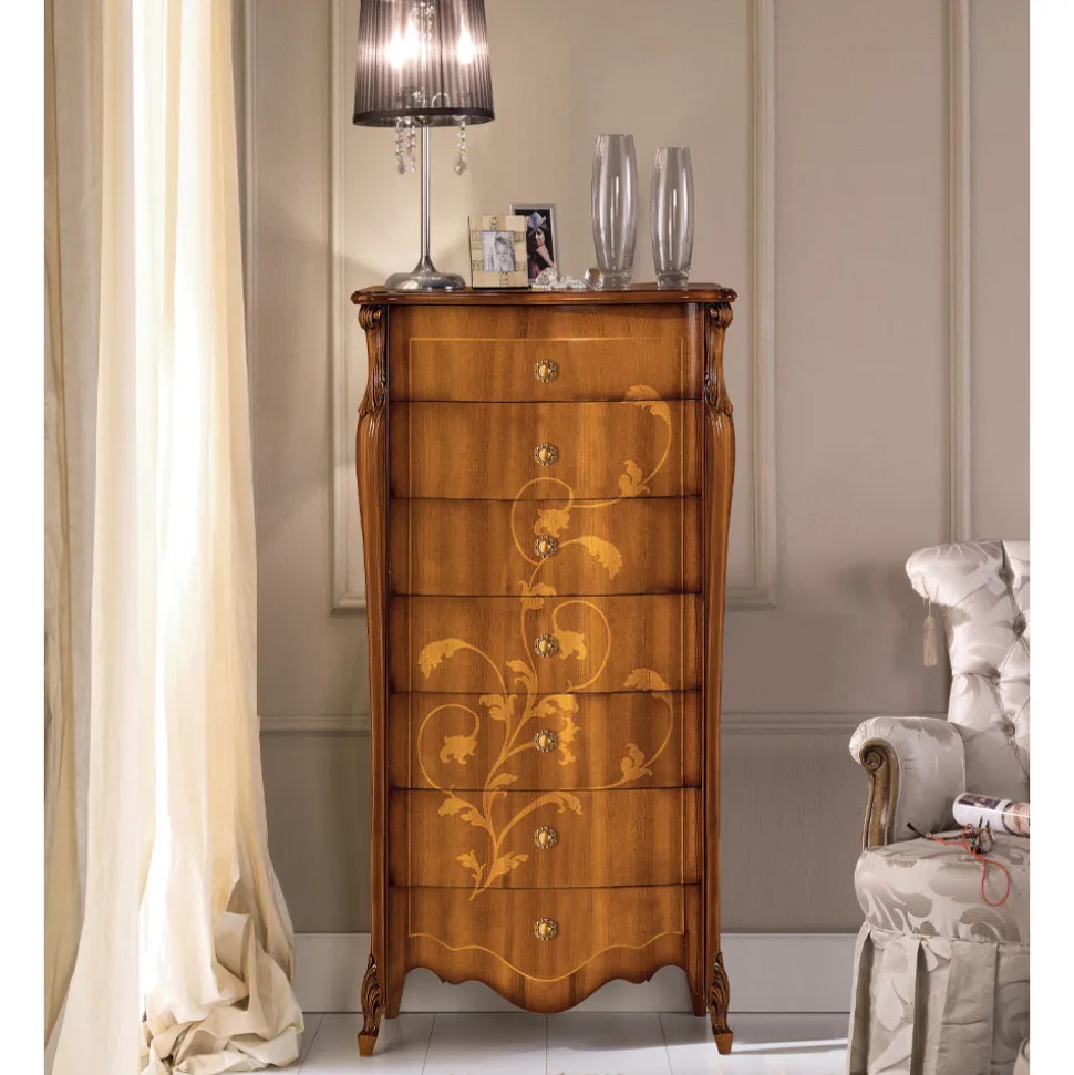 Cassettiera 7 Cassetti in Legno Noce Intarsiato Made in Italy - Commodo