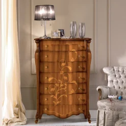 Cassettiera 7 Cassetti in Legno Noce Intarsiato Made in Italy - Commodo