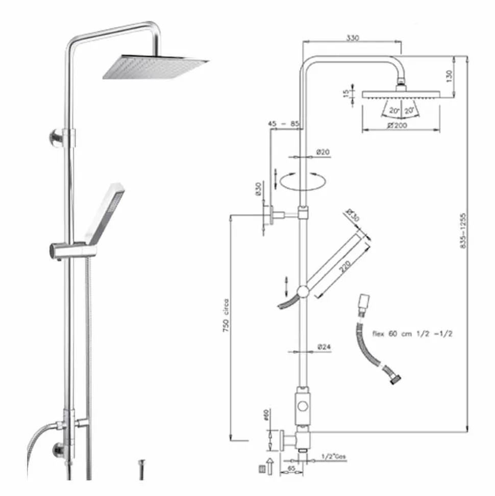 Colonna Doccia in Ottone con Soffione e Doccetta in Abs Made in Italy - Lesio