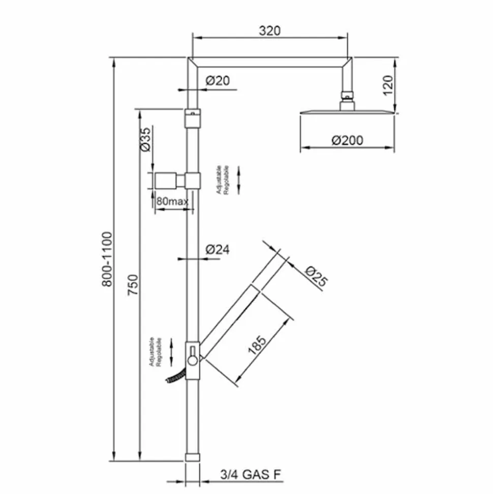 Colonna Doccia in Ottone Cromato con Soffione Ultraslim Made in Italy - Primo