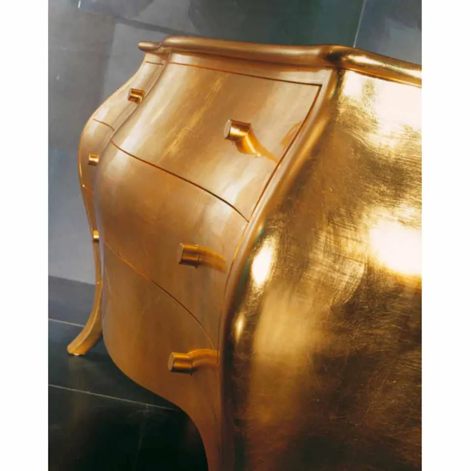 Comò 3 cassetti in legno massello oro design, made in Italy, Giotto