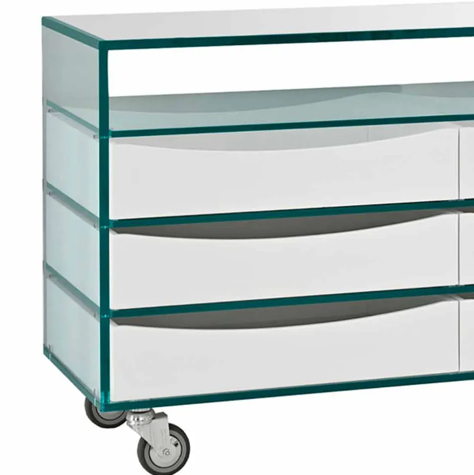 Comò in Vetro Extrachiaro con Sei Cassetti in Legno Bianco Made in Italy – Ganzo