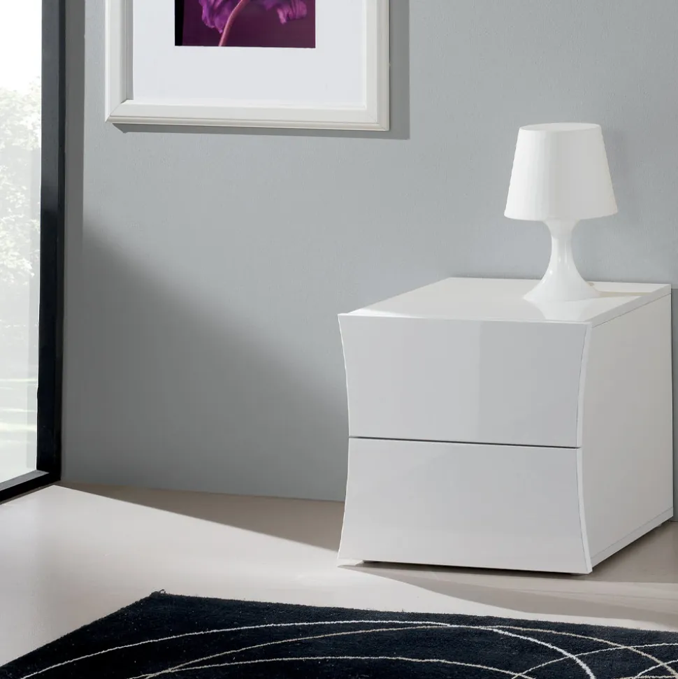 Comodino Camera da Letto 2 Cassetti Legno Bianco Design ad Arco - Sabine