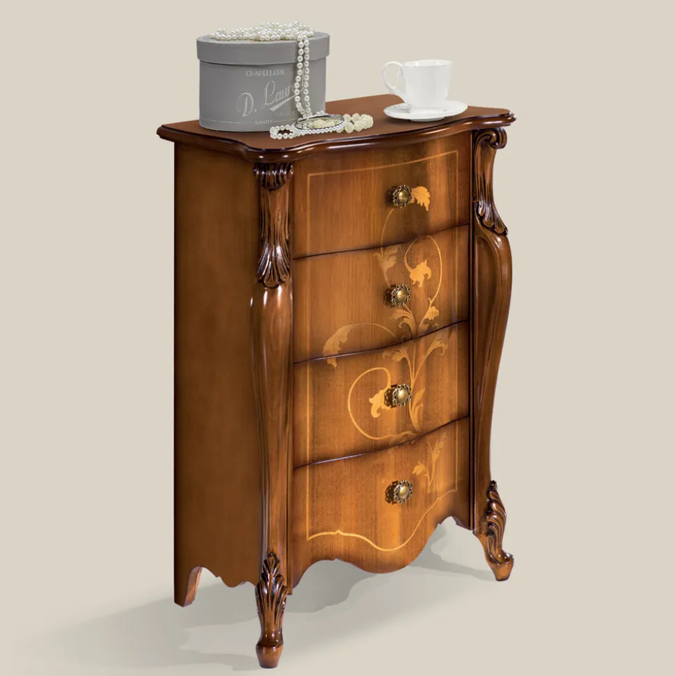 Comodino Classico in Legno Intarsiato 4 Cassetti Made in Italy - Ottaviano