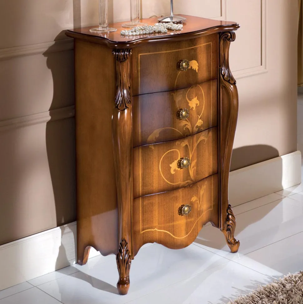 Comodino Classico in Legno Intarsiato 4 Cassetti Made in Italy - Ottaviano