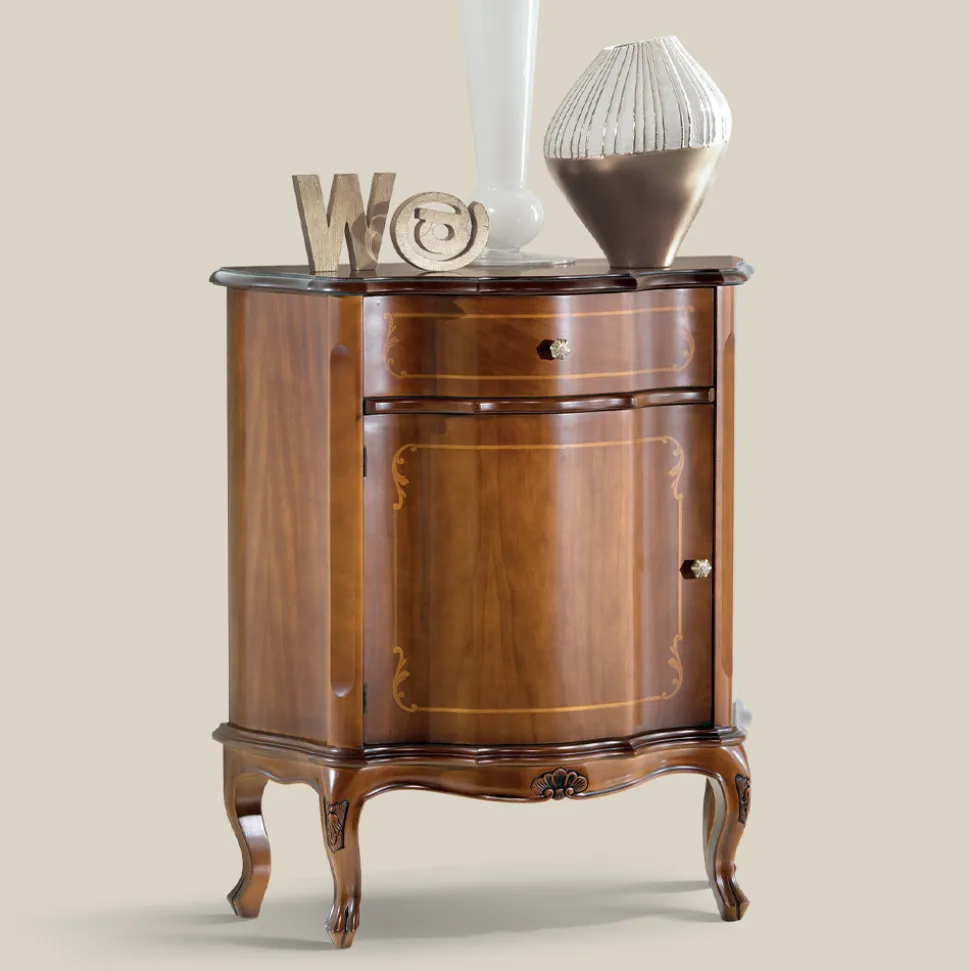 Comodino Classico Legno Intarsiato Anta e Cassetto Made in Italy - Leonor