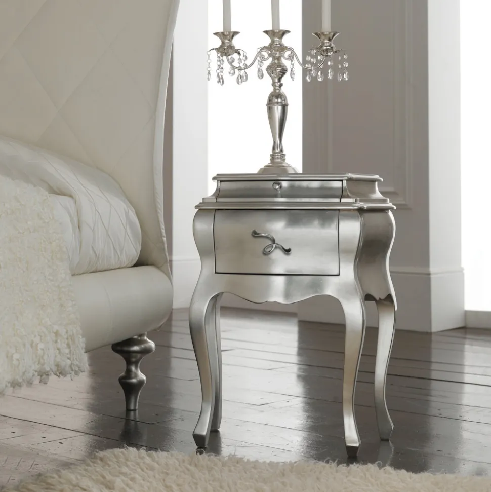 Comodino in Legno Massello Finitura Foglia Argento Made in Italy - Bruges