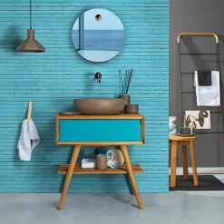 Composizione Arredo Bagno Incluso di Accessori con Dettagli Blu - Carolie