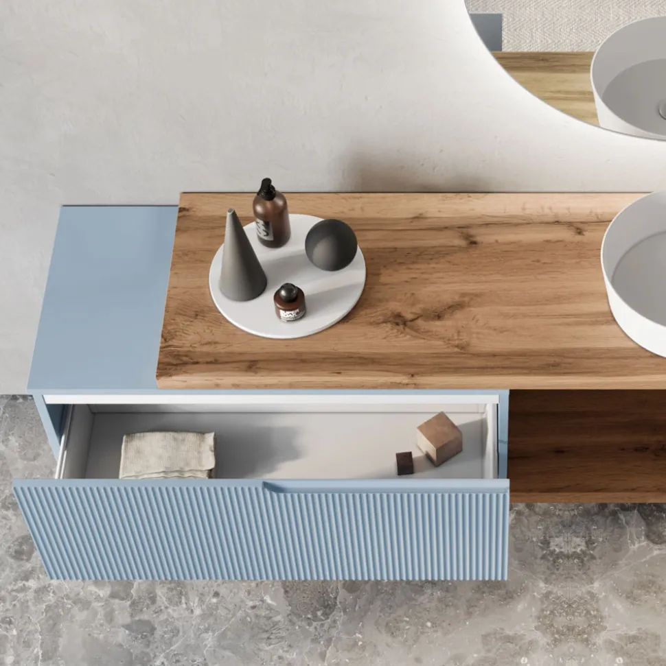 Composizione Bagno Azzurro Tiffany e Quercia con Specchio Made in Italy - Ermes