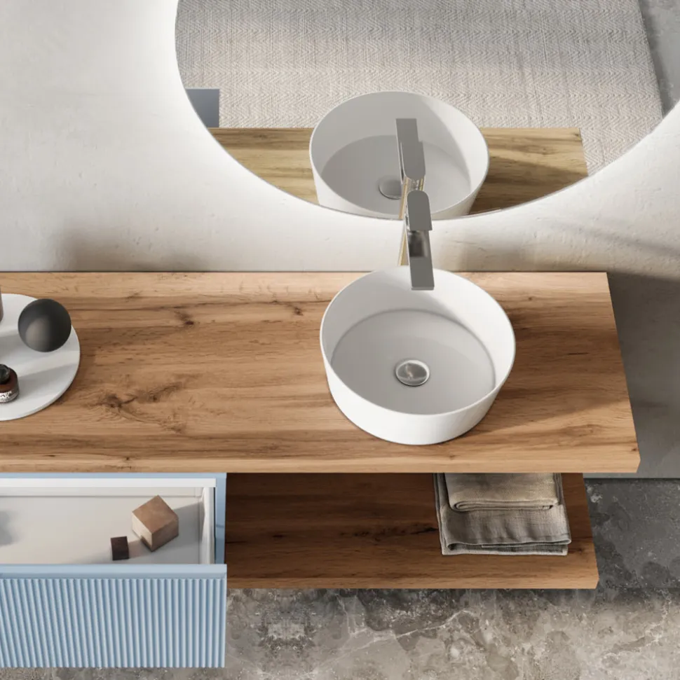 Composizione Bagno Azzurro Tiffany e Quercia con Specchio Made in Italy - Ermes
