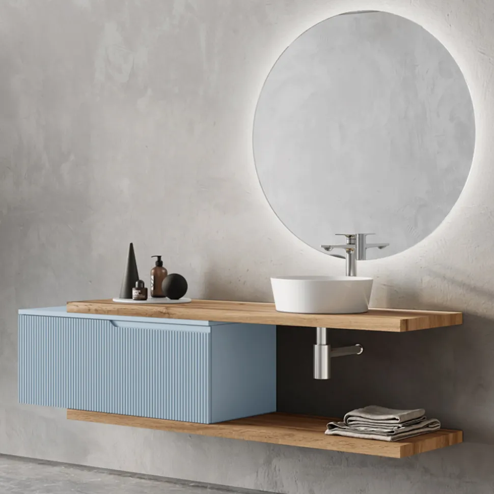 Composizione Bagno Azzurro Tiffany e Quercia con Specchio Made in Italy - Ermes