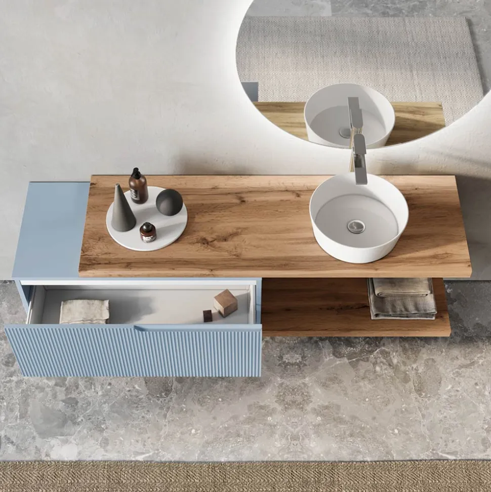 Composizione Bagno Azzurro Tiffany e Quercia con Specchio Made in Italy - Ermes