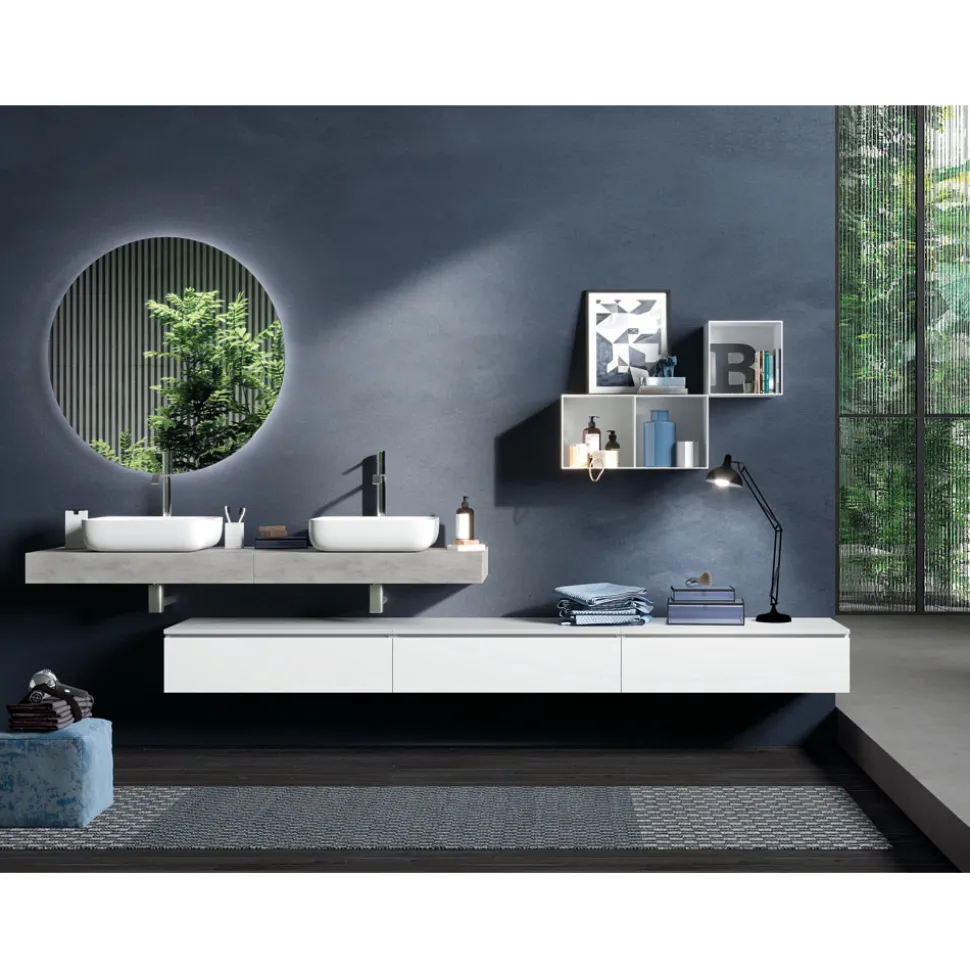 Composizione Bagno Color Cemento e Bianco Lucido con Lavabo, Specchio e Base - Palom