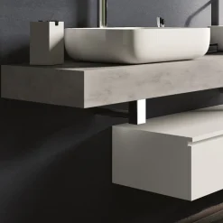 Composizione Bagno Color Cemento e Bianco Lucido con Lavabo, Specchio e Base - Palom