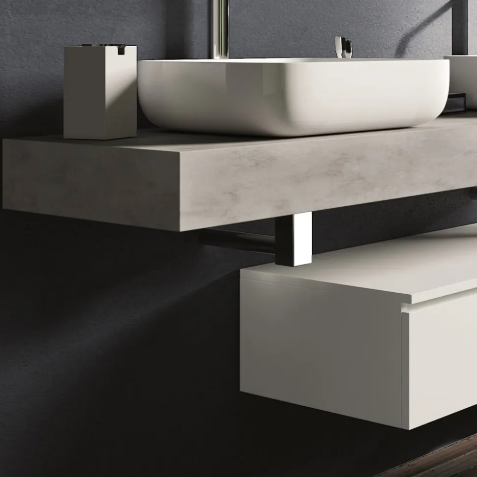Composizione Bagno Color Cemento e Bianco Lucido con Lavabo, Specchio e Base - Palom