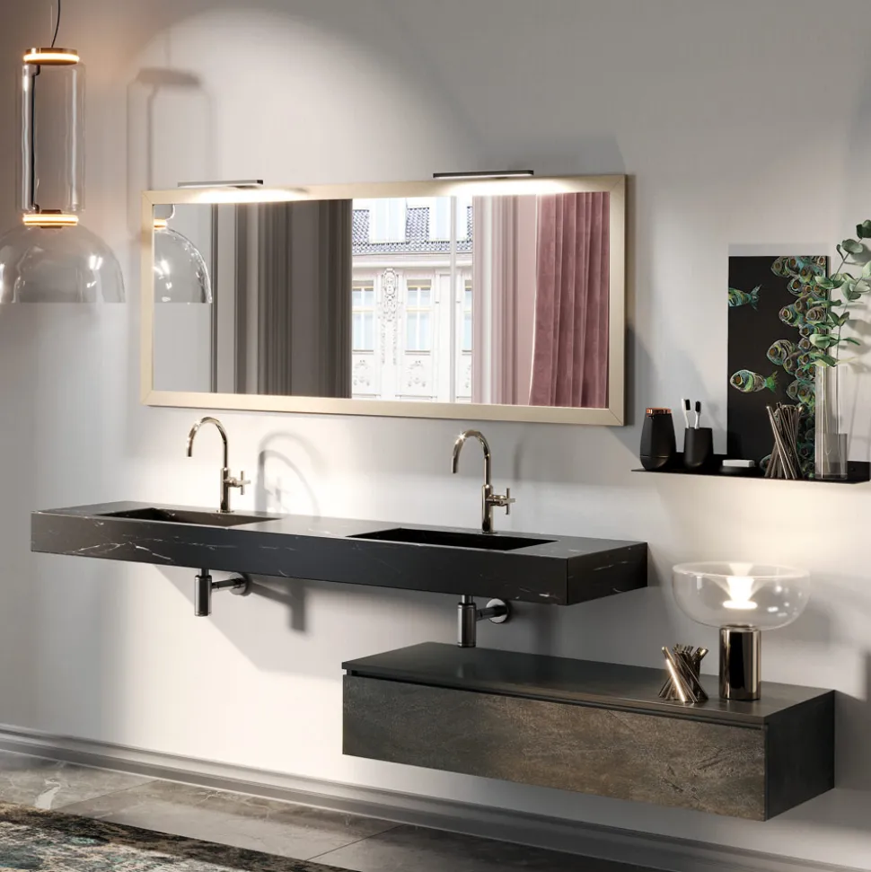 Composizione Bagno Completa di Specchio e Doppio Lavabo Made in Italy - Palom