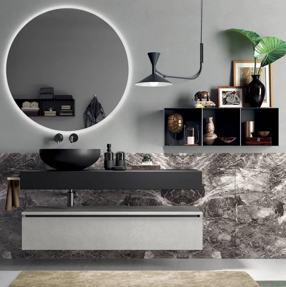 Composizione Bagno Completa di Specchio, Lavabo, Base e Top Made in Italy - Palom