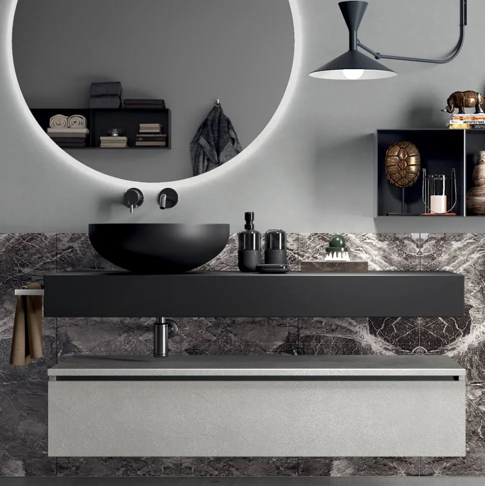 Composizione Bagno Completa di Specchio, Lavabo, Base e Top Made in Italy - Palom